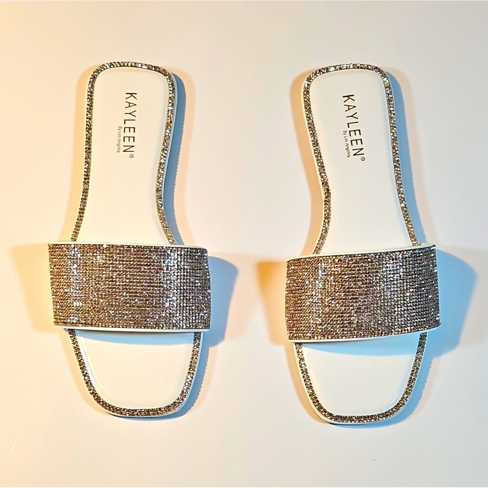 Kayleen White Synthetic Rhinestone Slide Sandals Slip On Women's Size 7.5
